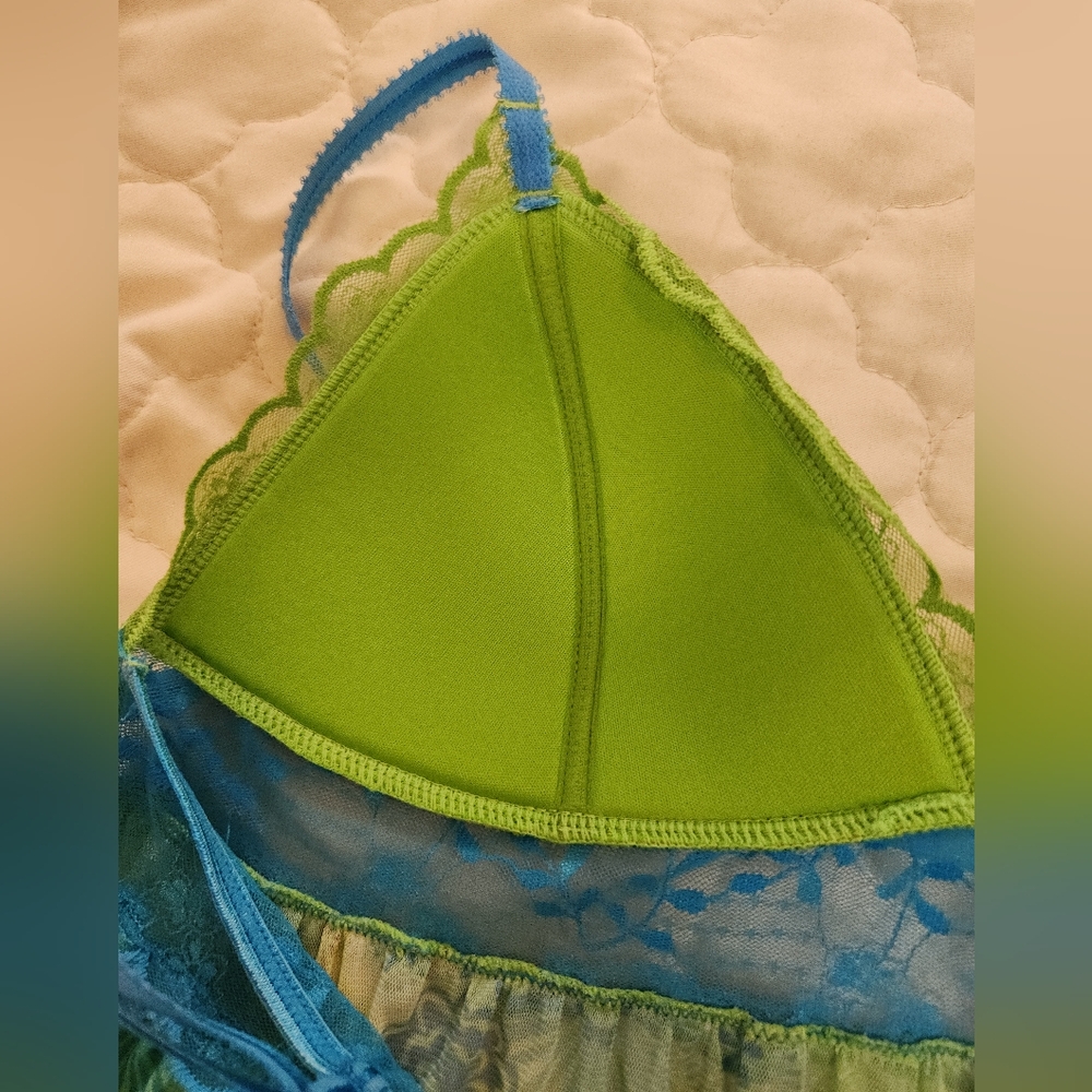 Y2K 2006 Victoria's Secret S Green & Blue Lace Sheer Babydoll Cami Chemise Top - Picture 13 of 15